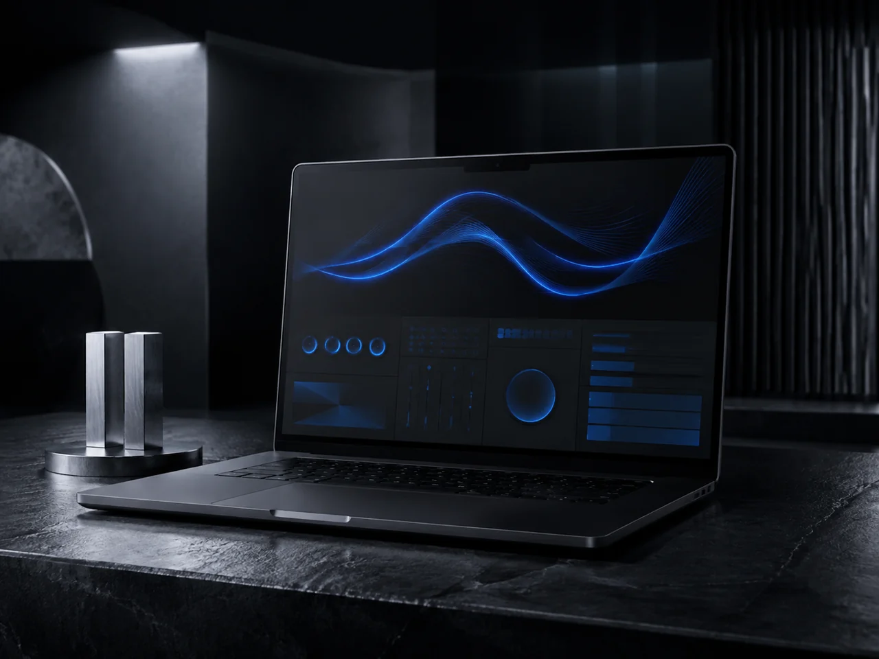A blue illuminated laptop with abstract control panels and a metallic pause symbol. Conceptual artwork.