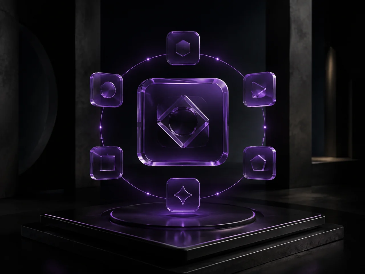 A floating violet glass application tile connected to a constellation of smaller modules. Conceptual artwork.