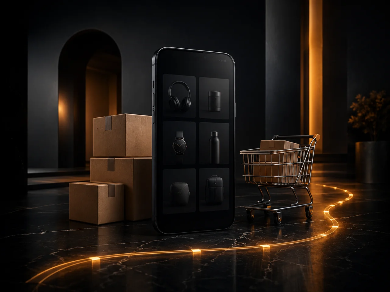 An amber-lit smartphone product display beside parcels and a metal shopping cart. Conceptual artwork.