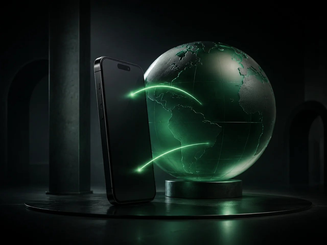 A black smartphone beside an emerald glass globe with illuminated paths. Conceptual artwork.